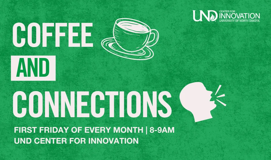 Green and white graphic with coffee and connections icons