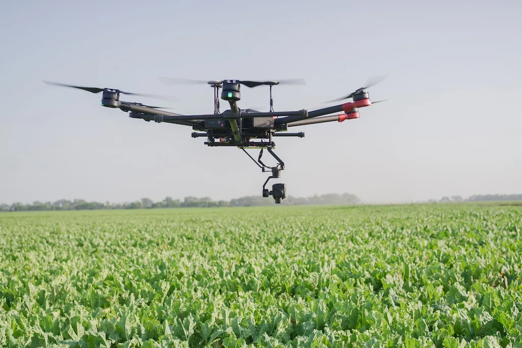 Drone flying above field